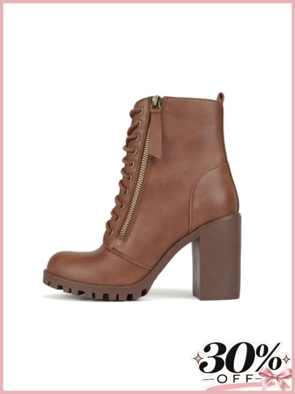 Faux Leather Lace Up Combat Bootie Chunky Lug Sole Ankle Boot